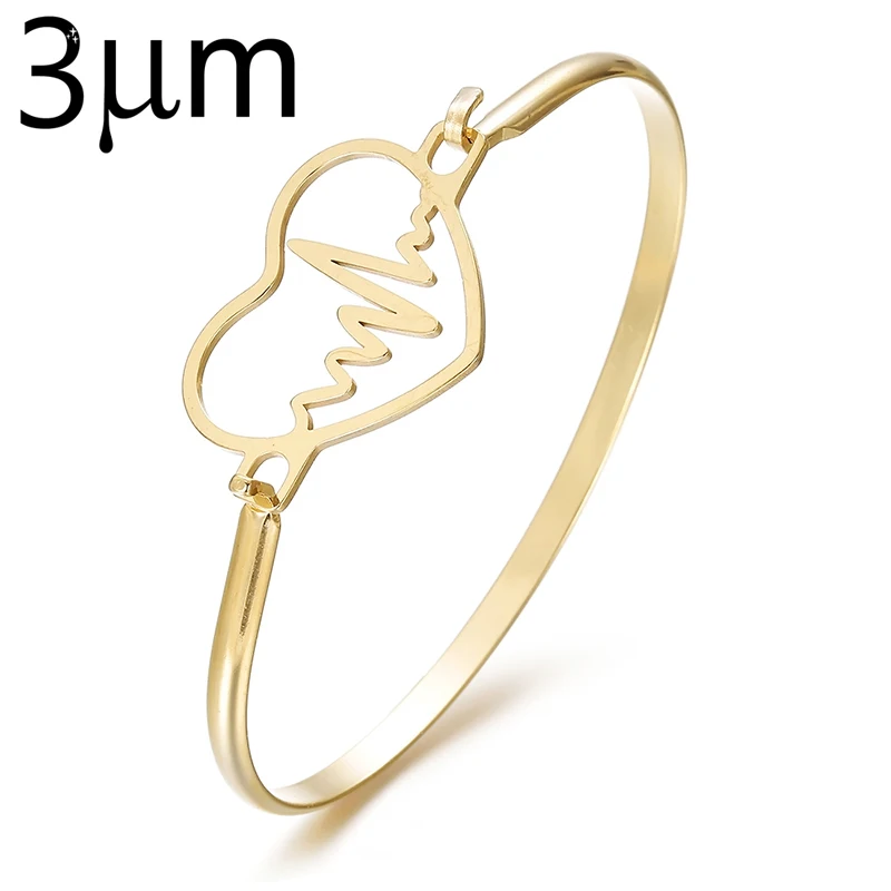 

3UMeter Gold Color Stainless Steel Heart Round Love Bangle Bracelet For Women Menbangle with charms Jewelry Gift