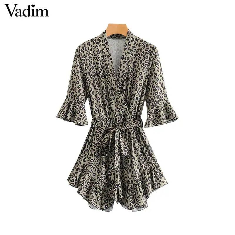 

Vadim women sexy leopard print ruffled playsuits V neck flare sleeve bow tie sashes female casual animal pattern jumpsuits KA845