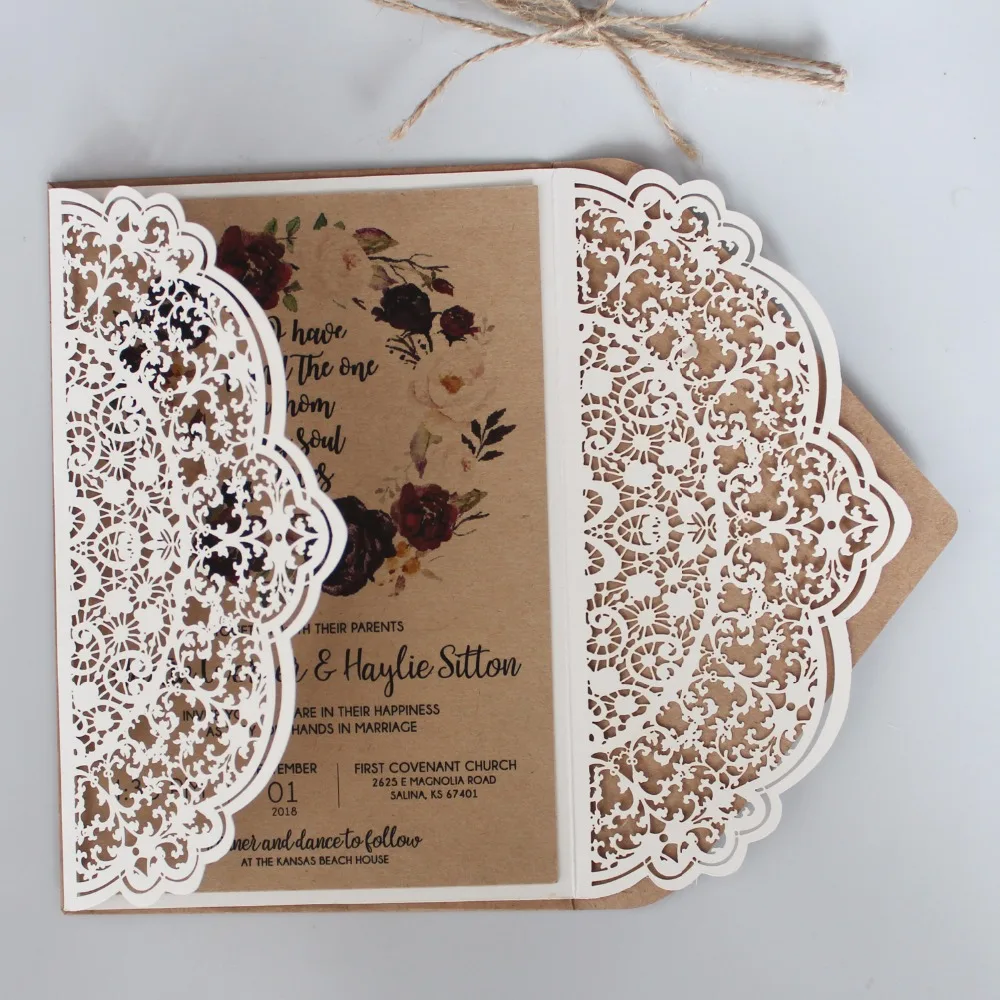 Rustic Wedding Invitation Set with RSVP - Laser Cut Off White Wedding Invitations (Set of 50) image 4