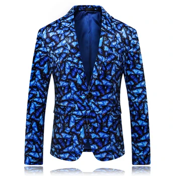 

Long Sleeve Men Blazer jacket Slim Design Flower Jacket Men Asian Size S - 5XL Butterfly pattern mens suits Blue & Yellow