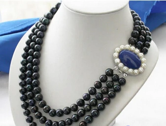 

free shipping>> 3row black ROUND FRESHWATER CULTURED PEARL NECKLACE