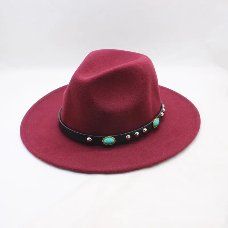 SUOGRY осень-зима широкополая Федора Для мужчин коричневый Джаз плоским шляпа фетровая Кепки шляпа котелок шерсть Шапки для женщин еврейского Hat - Цвет: red wine