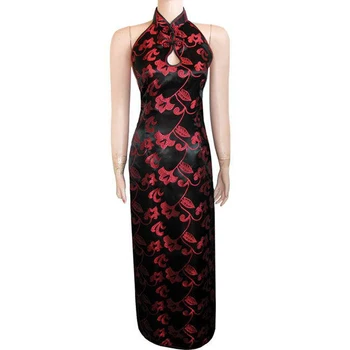 

Black Red Chinese Women's Satin Cheongsam Sexy Dripping Qipao Backless Evening Dress Floral Size S M L XL XXL S032-A