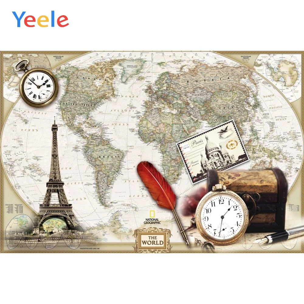 

Yeele World Map Eiffel Tower Clock Feather Box Travel Photography Backgrounds Customized Photographic Backdrops for Photo Studio