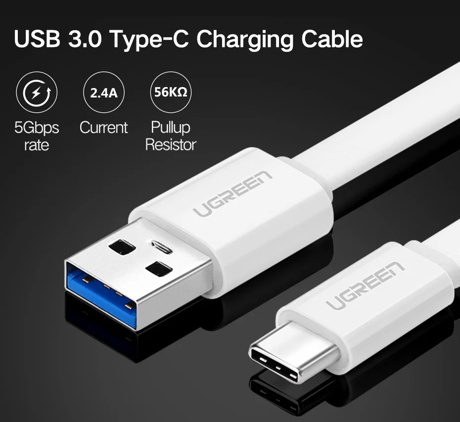  Ugreen USB 3.0 Cable 2.4A Flat USB C Cable Fast Charging USB Type-C Data Charger Cord Cable