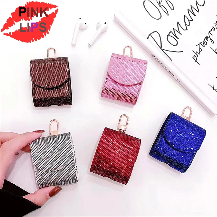 

PINK LIPS Sequin Bling Case Earphones For Apple Airpods Bluetooth Wireless Earphone Protective Skin Cover Box For AirPods Bag