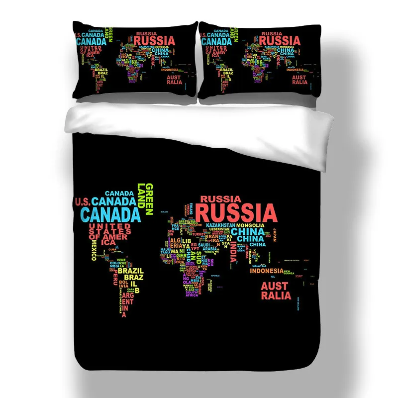 World Map Bedding Set Vivid Printed Black Bed Duvet Cover With