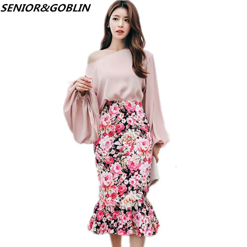 

New High Quality 2019 Spring Autumn Runway 2 Piece Set Women Loose Sexy Off Shoulder Top+High Waist Print Long Skirt Suits