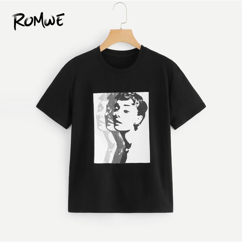 

ROMWE Figure Print Tee Shirt 2019 New Design Womens Cloths Summer Round Neck Woman Tops Casual Short Sleeve T-shirt