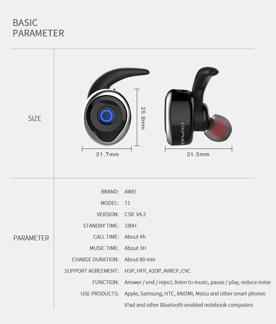 AWEI T1 TWS настоящие беспроводные наушники, Мини Bluetooth наушники без рук, спортивные водонепроницаемые Bluetooth наушники с микрофоном