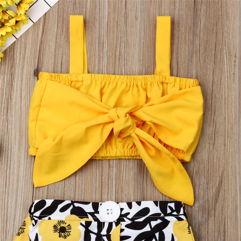 2-7T Little Girl Clothes Two Piece Sleeveless Flower Ribbon Top /& Pink Shorts Sets Summer Cute Girl Floral Outfits