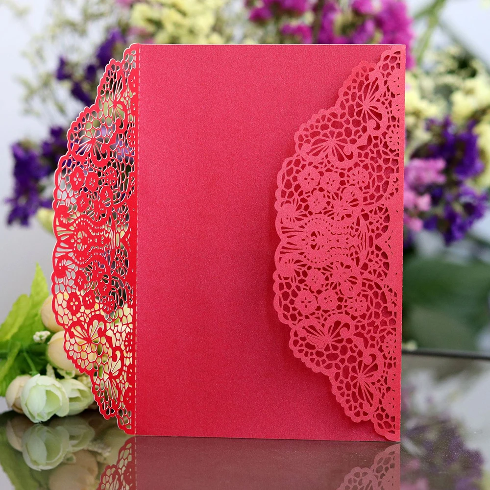  10pcs/set Gold Red White Laser Cut Wedding Invitations Card Elegant Wedding Lace Favor Envelopes Ev - 32957324887