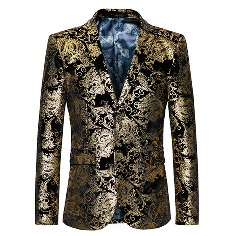TANG 2019 New Arrival Fashion Party Single Breasted Male Suit Jacket Gold Blazer Men Floral Casual Slim Blazers Plus Size M-6XL | Мужская