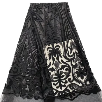 

Black And White African Mesh Lace Fabrics 2019 High Quality Nigerian French Tulle With Sequins Lace Fabrics Dress 5 Yards A1658