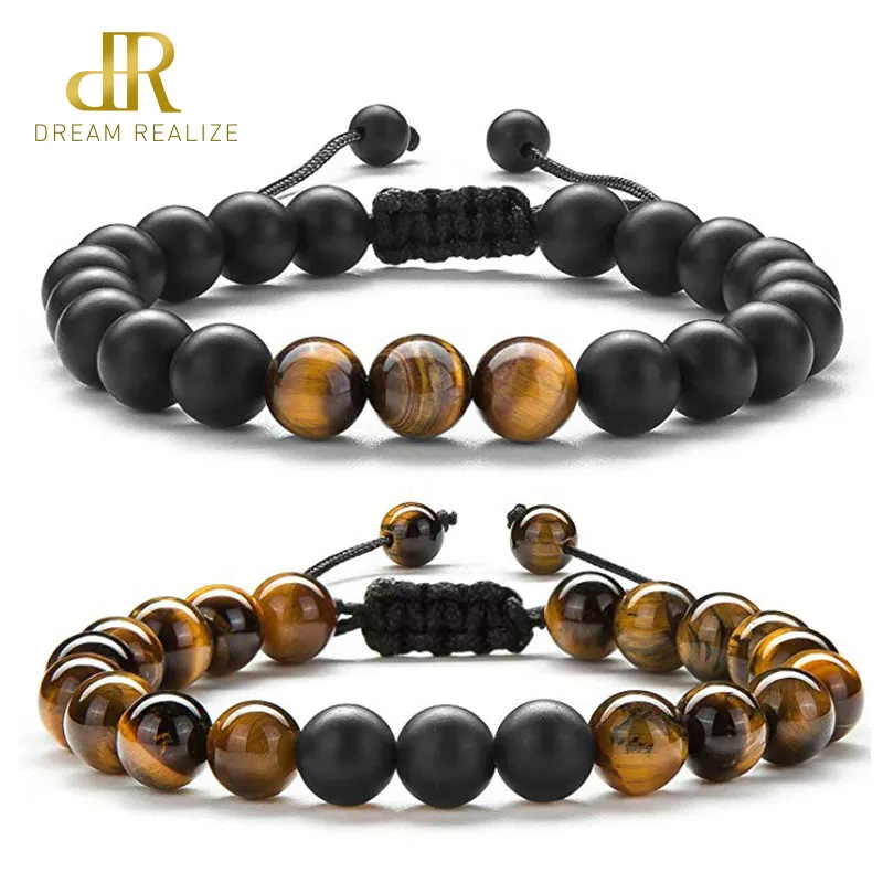 

DR 8mm Tiger's Eye Stone Beads Bracelet Adjustable Braided Rope Black Matte Natural Stone Yoga Beads Bracelets for Men Women