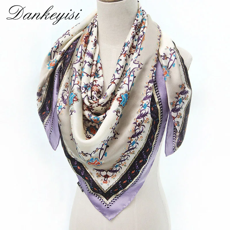 

[DANKEYISI] 2017 100% Pure Silk Scarf Women Scarf Genuine Silk Square Scarves 110cm Spring Autumn Female Printed Scarves Shawls