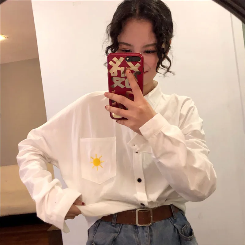 Харадзюку хип-хоп Для женщин рубашки мультфильм Луна солнце вышивка рубашка с длинными рукавами корейский стиль бойфренд Свободные повседневные блузки