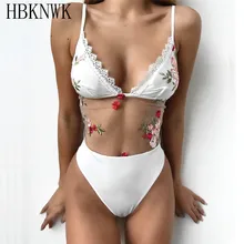HBKNWK популярный сексуальный кружевной Цельный купальник, женский купальник с высокой талией и сеткой, белый цветок, вышивка, пляжный купальник, монокини