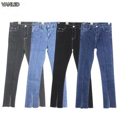 

2017 New Quality Leg Open pure Color High Waist Jeans Female Denim Pants