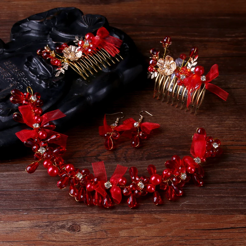 

TUANMING Hot Trendy Jewelry Handmade Red Pearl Jewelry SetsCharm Hair Comb Headbands For Women Yarn Hair Accessories Wholesale