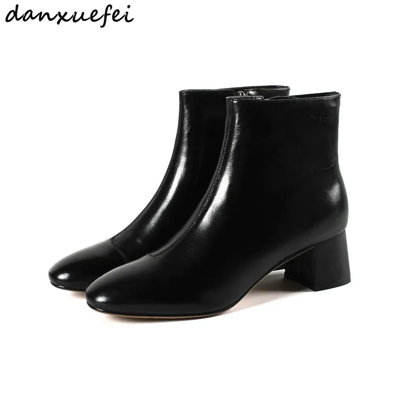 

Women's Genuine Leather Med Heel Comfortable Autumn Ankle Boots Brand dDesigner Square Toe Soft Autumn Short Booties Shoes Women