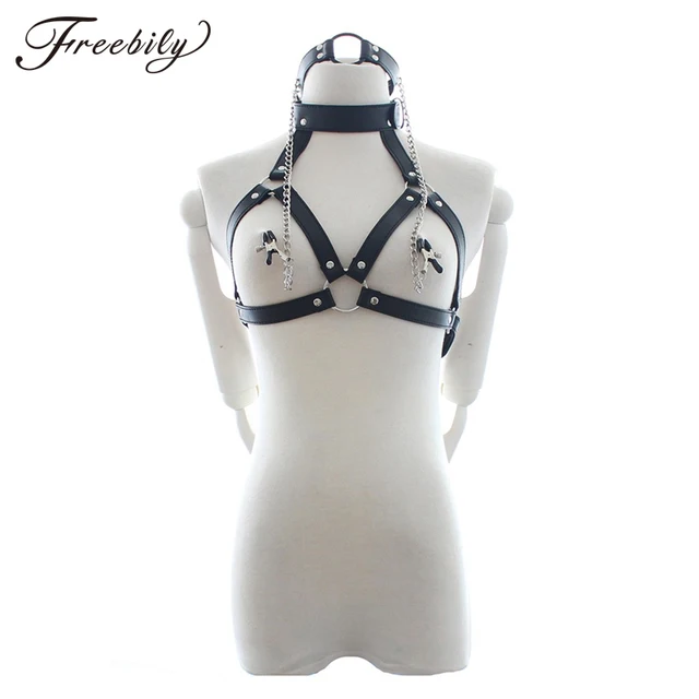 Price Women Hot Erotic halter Tank Tops PU Leather Open Bust Cropped Top Mouth Gag Nipple Clamps Bondage Sexy Lingerie Underwear