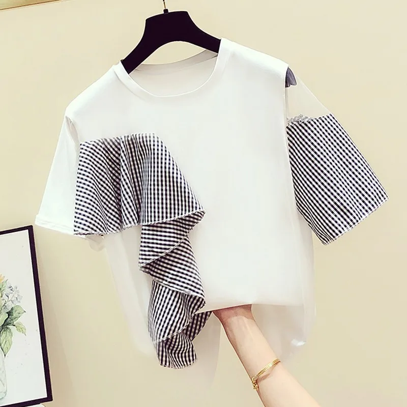 

Fashion Ruffled Stitching Round Neck Short-sleeved T-shirt Female Casual Wild Cotton Women T Shirt Summer New 2019 Women Tops