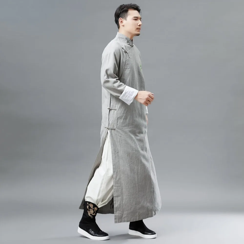 LZJN Chinese Men Classic Master Clothing X-Long Linen Trench Robe Gown Coat Two Side Slit Kung Fu Tai Chi Traditional Outfit (27)