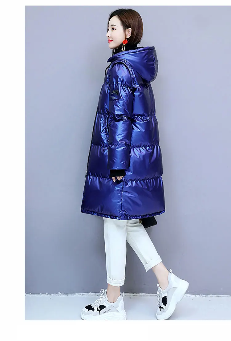Стильная женская зимняя куртка металлическое глянцевое зимнее теплое пальто женские утепленные пуховики парка с капюшоном manteau femme hiver 139
