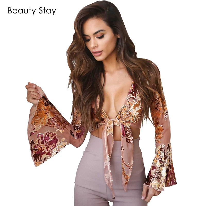 BeautyStay модные женские кружевные шифоновые блузки с длинными рукавами рубашка