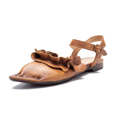 GKTINOO/женские кожаные сандалии; летние туфли с острым носком на низком каблуке; женские босоножки из натуральной кожи; обувь ручной работы в стиле ретро; коллекция года; женская обувь - Цвет: Хаки