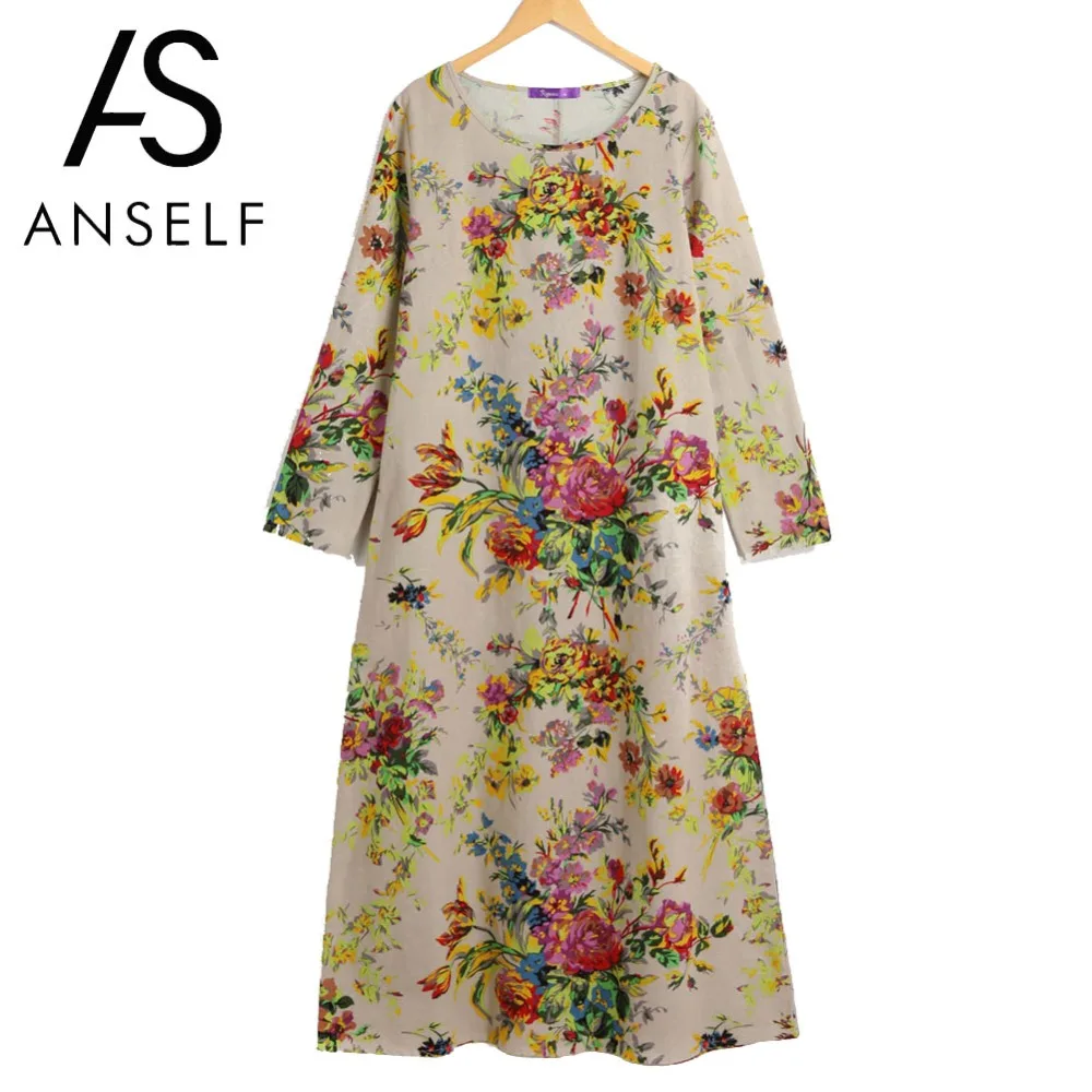 Goedkoop Anself Vintage Boho Jurk Vrouwen Maxi Retro Bloemen Jurk 2018 Lange mouwen Zakken O Hals Plus Size Katoen Linnen Jurk Losse Gewaad