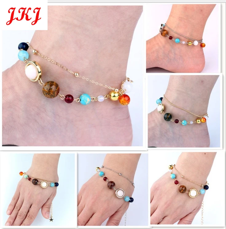 

JKJ Universe Galaxy Eight Planets Bracelet Natural Stone Beads Guardian Star Anklet Gold Silver Color Sweater Chain Necklace