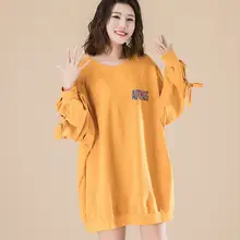 Плюс размер женский из смеси хлопка футболки tide на шнуровке длинный рукав пуловер с принтом-надписью рубашка оверсайз простой стиль женский 6XL