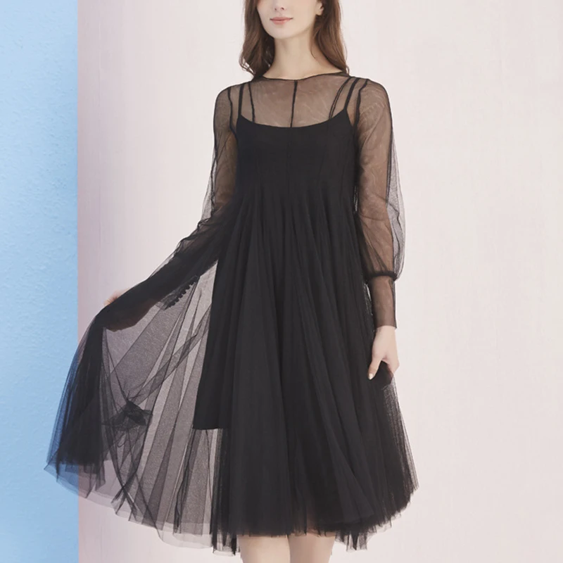 2018 new spring summer vintage tulle dress women mesh long sleeve female party long dress chiffon sexy black red clothing