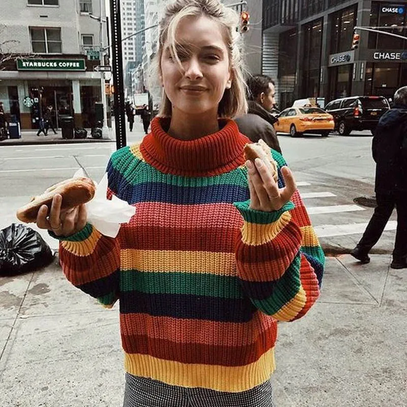 MYDC водолазка женские зимние свитера 2018 Джемперы вязаная одежда мода полосатый объемный пуловер женский Радуга свитер