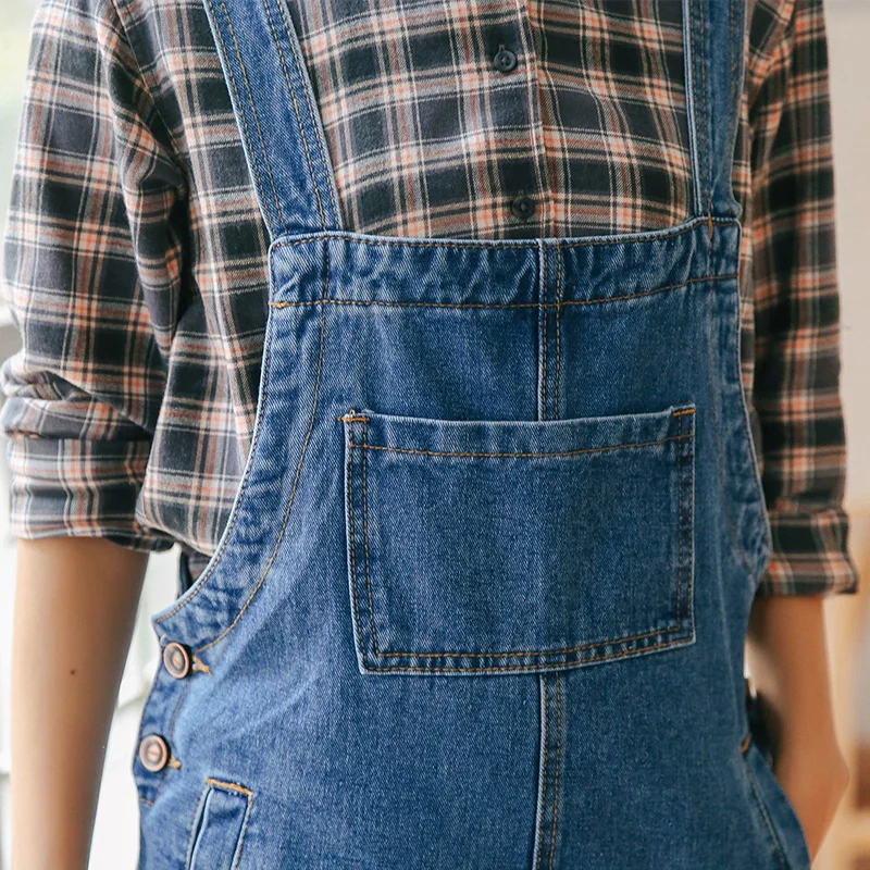 Spring solid color Denim Strap Dress Women Pocket brushed hem Jean Strap knee length Dress Female College style Overalls