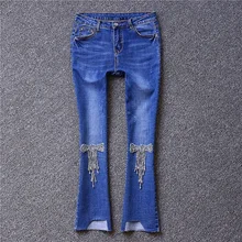 Европейский Ранняя весна новые тяжелые работы бисером джинсы с бахромой женские тонкие микро брюки, джинсы с яркой отделкой