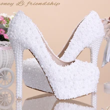 white wedding pumps Sweet white flower lace platform high-heeled pump shoes pearl wedding shoes bride dress lace high heels