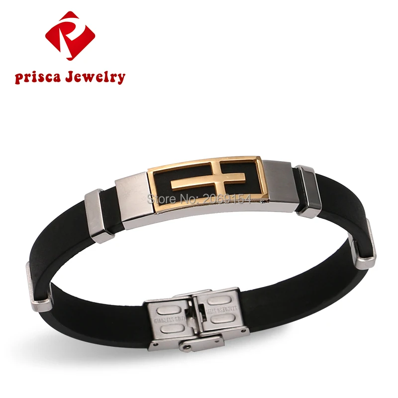 Men Jewelry Fashion Bracelet Silicone Gold Cross Bangles Rubber Wristband Stainless Steel