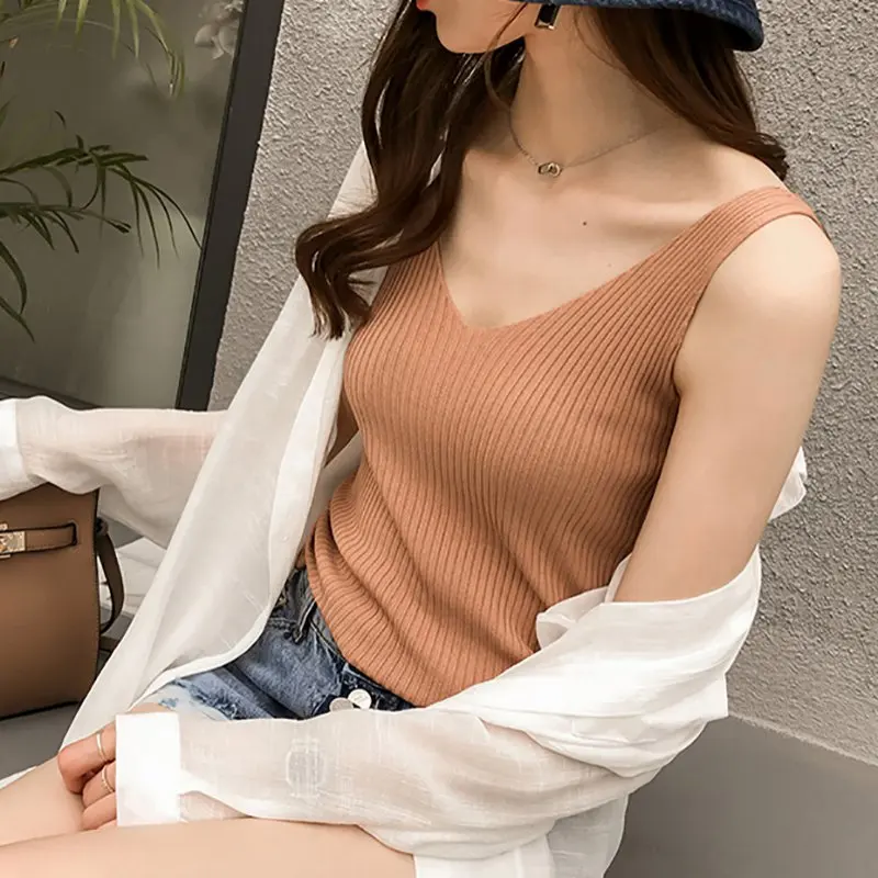 

Women Summer Sleeveless Sexy V-Neck Solid Knitted Tank Top New