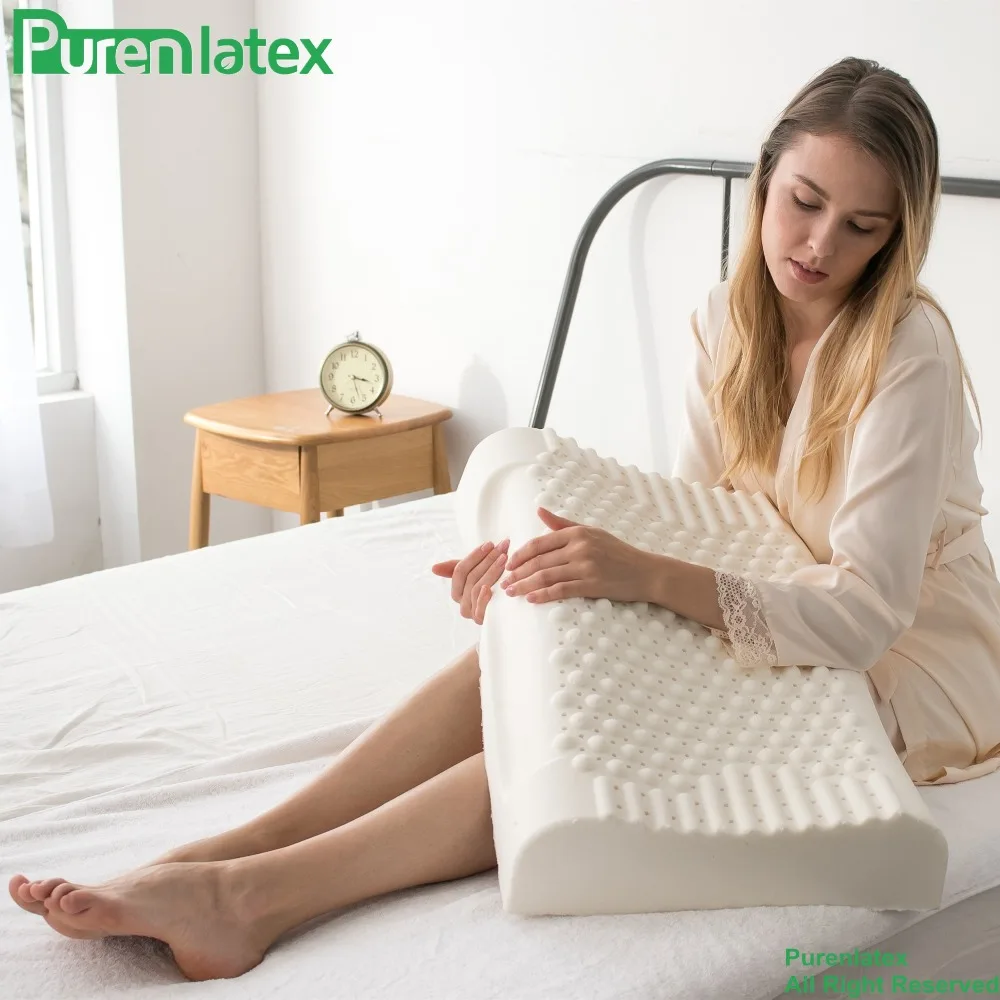 PurenLatex 태국 순수 천연 라텍스 베개, 목 교정, 척추 건강 관리, 정형 베개, 느린 리바운드, 60x40