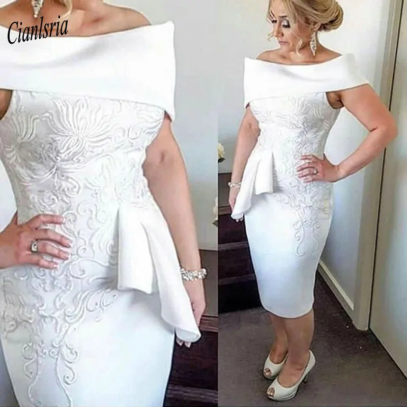 

Vintage Mother of The Bride Dresses 2019 Bateau Tea-Length Applique Off the Shoulder Ruched Custom Made Wedding Guest Dresses