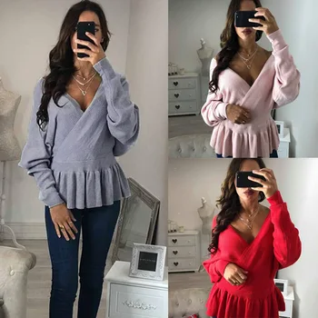 

2019 Women Solid V-neck Pullover Autumn Soft Long Sleeve Sweatshirt Winter Casual Loose Knitting Sweatshirt for Woman