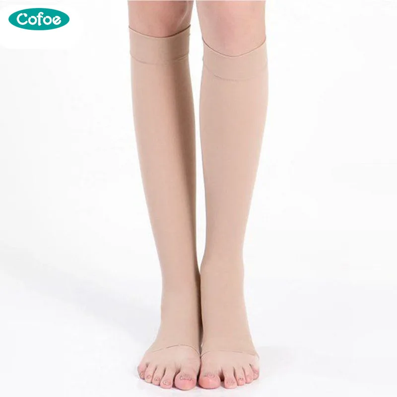 

Cofoe Medical Compression Socks Varicose Veins Below Knee-High Socks 23-32mmHg Level 2 Open/Close Toe Beige/Black for Men Women