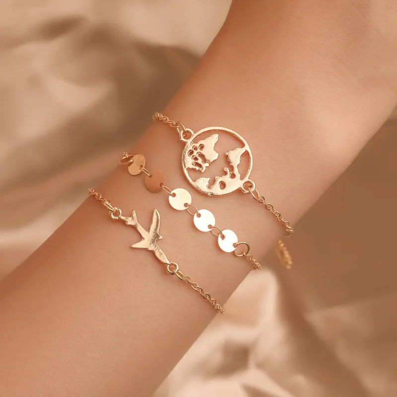 

3PCs/set Map Bird Charm Bracelets for Women Gold Wrist Chain Cool Fashion Hand Jewelry Female Bracelet Wholesale