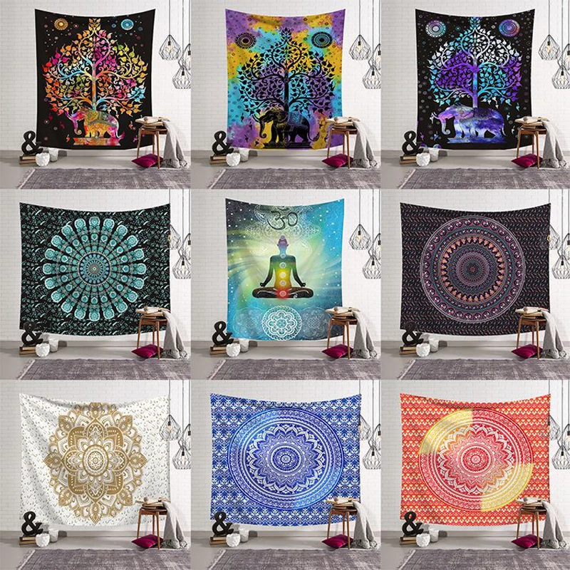 Mandala Elephant Square Tapestry Wall Hanging Carpet Yoga Mat for Home Bedroom Art Decoration Rug 200x150CM Indian compass