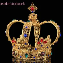 Элегантные королевские свадебные диадемы и короны rosebridalpark, ЗОЛОТАЯ КОРОЛЕВСКАЯ диадема, большая корона, свадебные аксессуары для волос, ювелирные изделия для невест A443