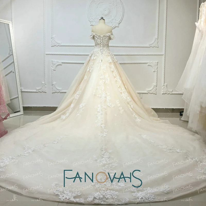 &quotШампанское свадебные платья с плеча рукава бальные длинным поездом Vestido De Novia