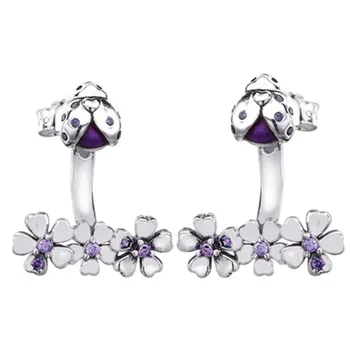 

925 Sterling Silver Women Ladybug And Flowers Crystal Stud Earring Set Women Wedding Party Jewely Luxury Gifts